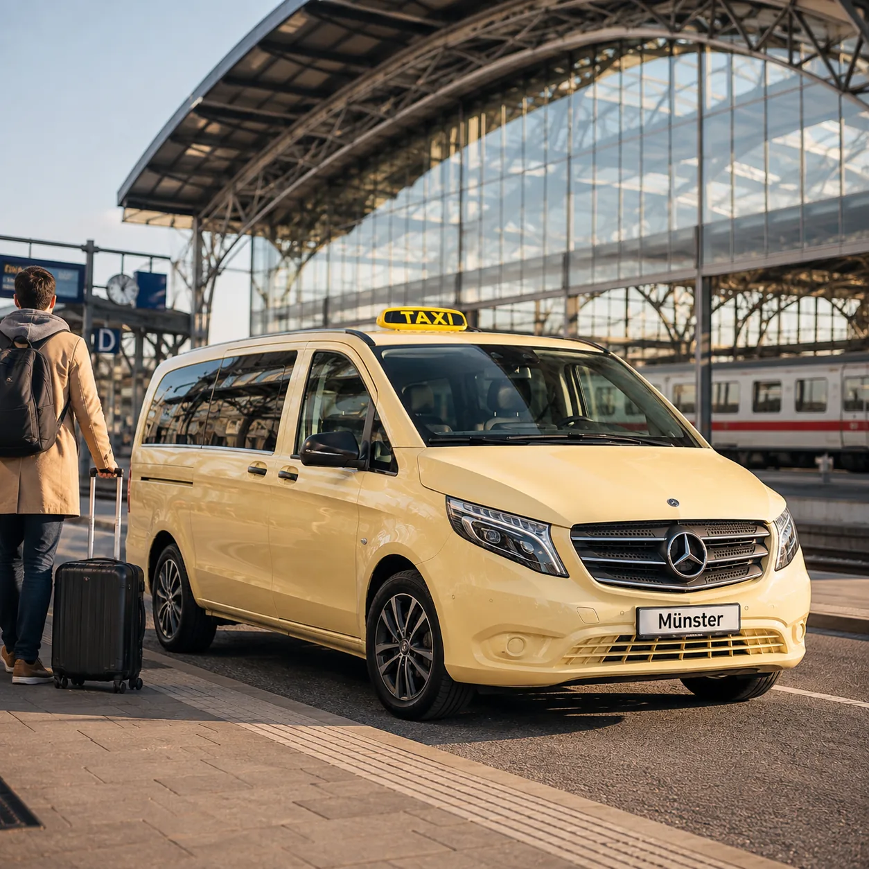 Taxi am Bahnhof mit Zug und Reisendem – Bahnfahrten in Münster