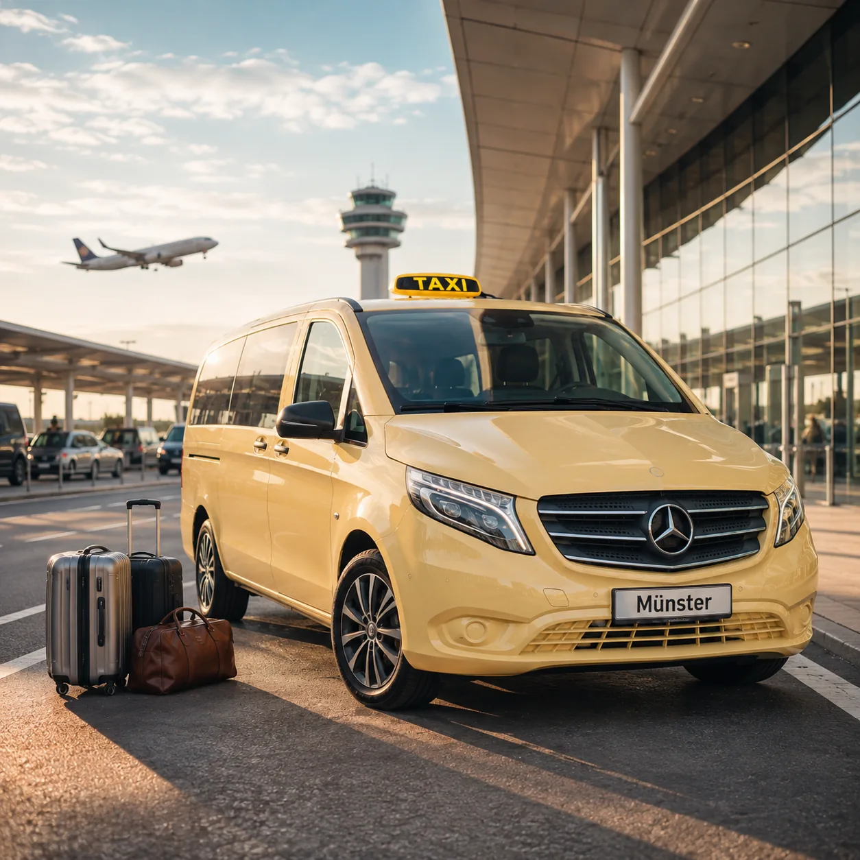 Gelbes Taxi mit Gepäck am Flughafen – Flughafentransfer in Münster