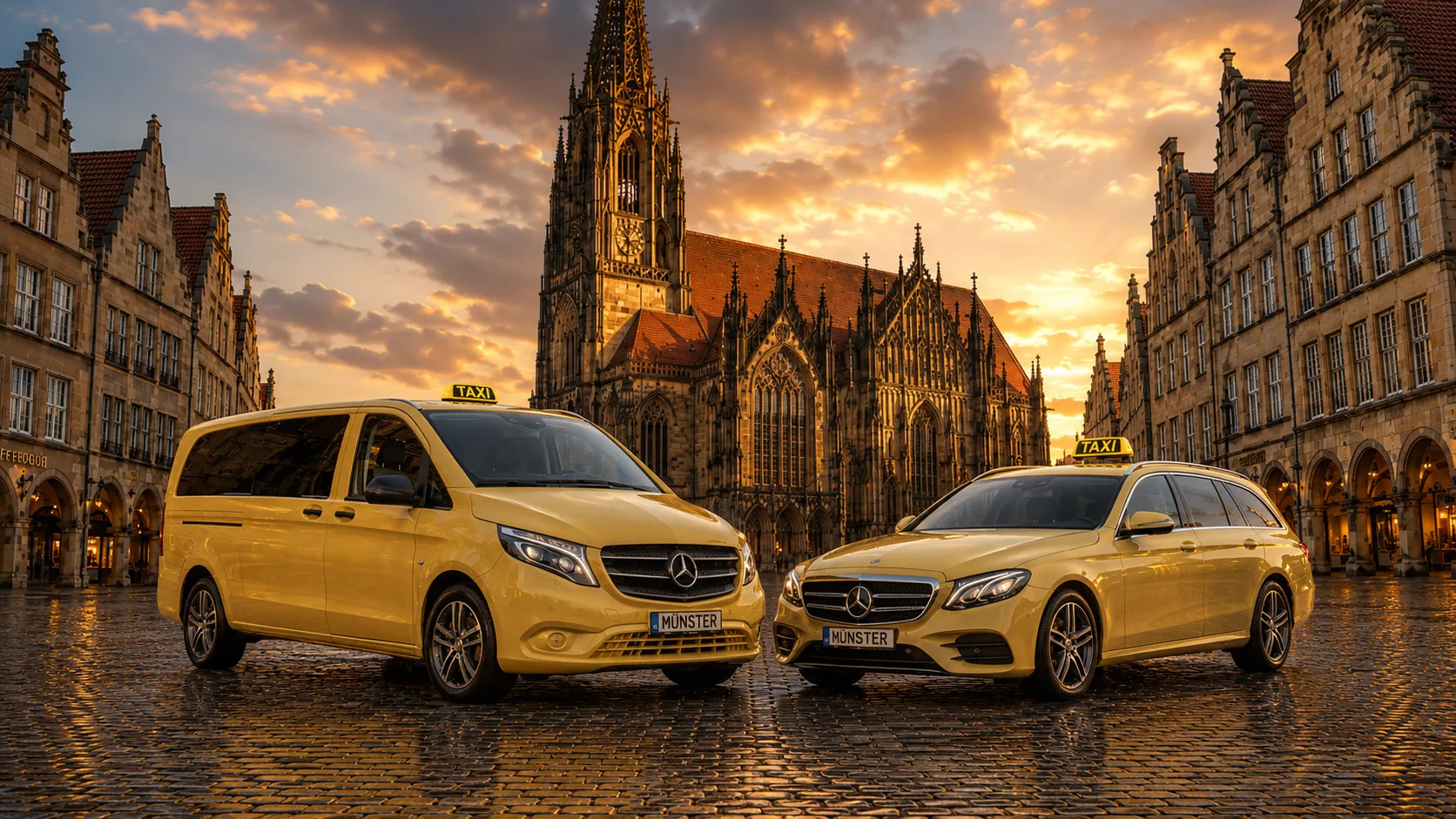 Zwei Taxis von Taxiunternehmen Sohrab Walijy vor dem Dom in Münster