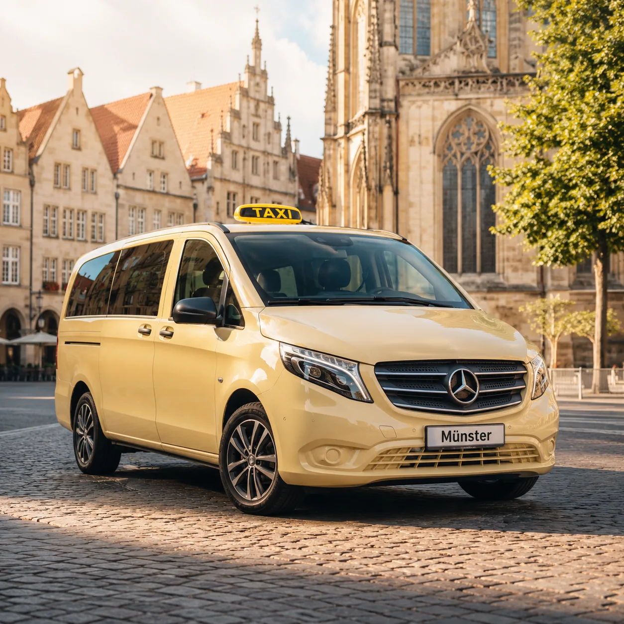 Gelbes Taxi auf dem Prinzipalmarkt vor dem Dom – Taxidienste in Münster